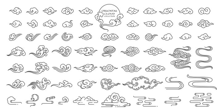 Set of oriental cloud illustration. Chinese clouds elements. Linear hand draw clip art. Japanese,Thai,Tibetan,Korean style. Traditional,contemporay,modern design.