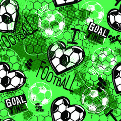 Abstract seamless pattern for boys. Football pattern. Grunge urban pattern with football ball. Sport wallpaper on white background with black and green. Repeated sport pattern.