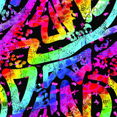 Abstract bright graffiti and monsters pattern. With bricks, paint drips, words in graffiti style. Graphic urban design for textiles, sportswear, prints.
