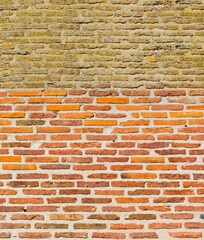 Mur de briques anciennes et de briques décapées, cathédrale d’Albi