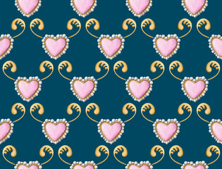 Royal blue background with pink hearts in a pearl setting and gold ornaments. Seamless pattern in vintage style