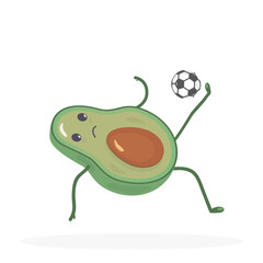 Kawaii avocado hits a soccer ball in a jump. Food. Green fruit plays football. Falls down. White background. Vector illustration. Cute isolated character. Icon