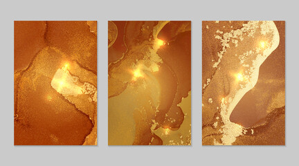 Dark orange and gold pattern with texture of geode and sparkles. Abstract vector background in alcohol ink technique. Modern paint with glitter. Set of backdrops for banner, poster design. Fluid art