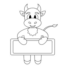 Bull. Little goby. A young cow holds an empty poster in its paws. Place for your text. Sketch. Vector illustration. Outline on an isolated white background. Coloring book for children. Doodle style. 