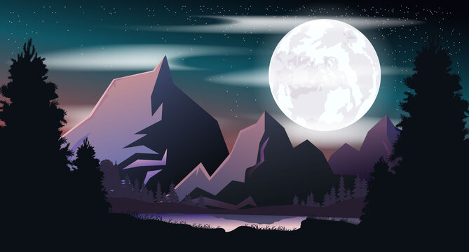Vector night landscape. Mountains, forest. Starry sky. Colorful illustration. The mountains are reflected in the mountain lake. Bright moon. Starry sky before dawn.