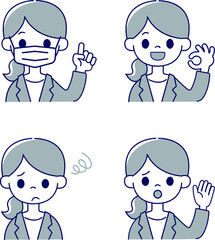 スーツを着た女性表情4パターン・単色