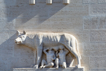 Relief of she-wolf suckling the mythical twin founders of Rome, Romulus and Remus, Rome, Italy