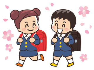 桜と小学生　ランドセル　入学