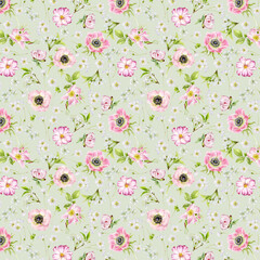 Seamless pattern of delicate beautiful colors. Flowers of anemones, rose hips and cherries painted by hand in watercolor.