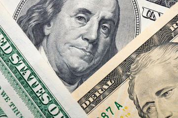 Close-up detail of a dollar bill banknote. Business background and finance