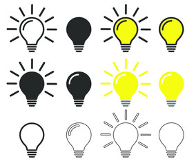 Glowing idea light bulb icon symbol set. Lamp logo shape silhouette. Vector illustration image. Isolated on white background.	
