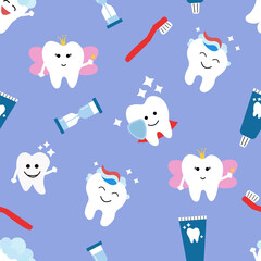 Seamless pattern with cute teeth and objects for dental care on purple background - funny toothpaste, brush, hourglass. Cute Tooth Fairy. Vector illustration.