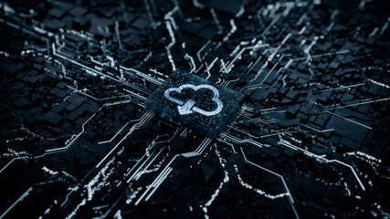 Data storage Technology Concept with cloud download symbol on a Microchip. Data flows from the CPU across a Futuristic Motherboard. 3D render.