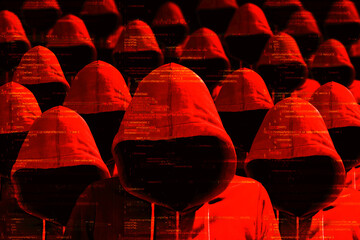 Group of hooded hackers in red cybersecurity concept