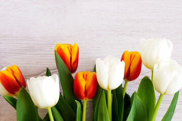 Easter greeting card with spring tulip flowers over wooden background. Top view flat lay with copy space.