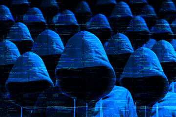 Group of coded hooded hackers in blue cybersecurity concept