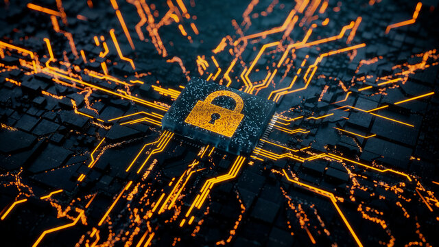 Security Technology Concept with lock symbol on a Microchip. Data flows from the CPU across a Futuristic Motherboard. 3D render.