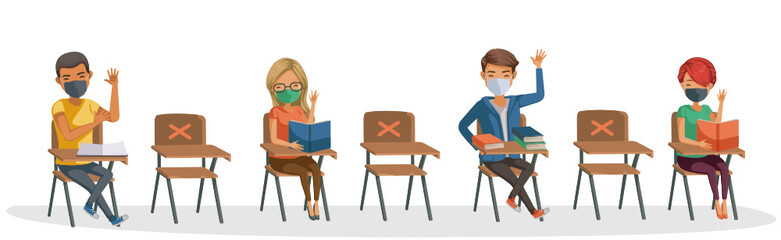 Fototapeta premium Students mask with friend in classroom studying. Social distance group of multiethnic diverse hands raised. Social distance and New Normal or New Norm. Illustrations about COVID-19