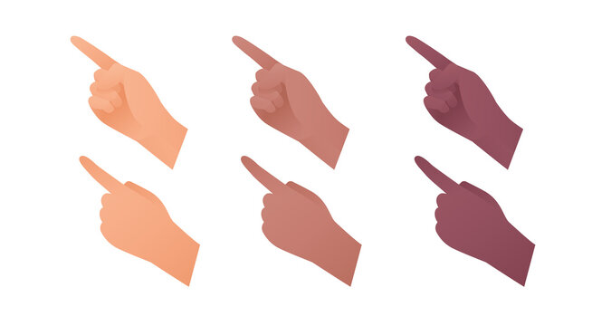 Hand gesture icon collection. Vector flat multiracial llustration set. Caucasian, african american and indian ethnic. Index finger point and touch sign. Pointing symbol. Design element for web.