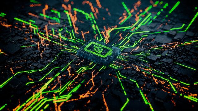 Environmental Energy Technology Concept with Green Eco battery symbol on a Microchip. Data flows from the Battery across a Futuristic Motherboard. 3D render.