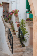 Fototapeta na wymiar stairs with flowers in the picturesque oldtown of Locorotondo, Puglia