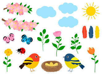 Obraz premium Set spring vector illustration. Flowers birds nest insects clouds sun
