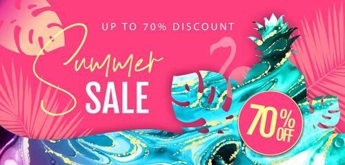 Typography summer big sale banner with Alcohol ink texture. Marble artistic background