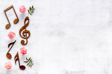 Valentines day music with notes and flowers. Songs of love