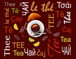 A cup of black tea is on a saucer and on a brown background
