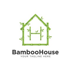 green bamboo house logo design, with the letter H bamboo logo concept