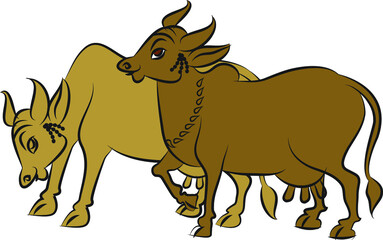 Holy cow in Kalamkari Indian traditional folk art on linen fabrics. It can be used for a coloring book, textile/ fabric prints, phone case, greeting card. logo, calendar