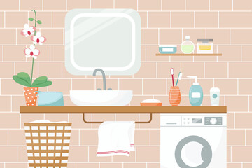 Vector illustration of a bathroom in pleasant colors. Sink, mirror flower cosmetics towel washing machine.