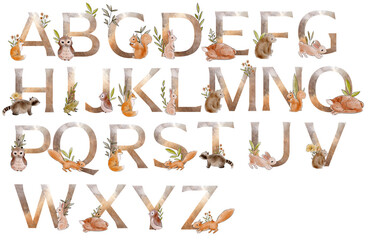 Watercolor alphabet with forest animals and floral - 419572616