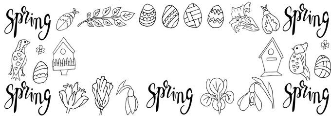 Fototapeta na wymiar horizontal frame with spring botanical elements in vector. Elements of floral design in the style of Doodle sketch. birds, birdhouses, beetles Easter eggs. For invitations, cards, designs for Easter.