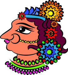 Madhubani Indian traditional art on linen fabrics. beautiful dancer's faces for textile printing