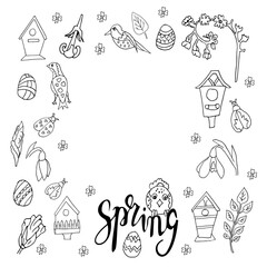 Square frame with spring botanical elements in vector. Elements of floral design in the style of Doodle sketch. Cute birds, birdhouses, beetles Easter eggs. For invitations, cards, designs for Easter.