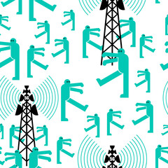 5G tower chipping population pattern seamless. Conspiracy theory ornament. Zombies walk around cell tower texture. TV and radio communication towers background