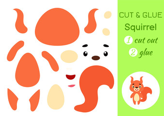 Cut and glue paper little squirrel. Kids crafts activity page. Educational game for preschool children. DIY worksheet. Kids art game and activities jigsaw. Vector stock illustration.