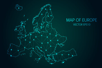 Map of Europe - With glowing point and lines scales on The dark gradient background, 3D mesh polygonal network connections.Vector illustration Eps 10. © Arif Hama