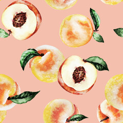 watercolor seamless pattern of peaches with leaves, juicy ripe fruits isolated on pink background, illustration of peaches with seeds