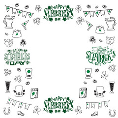 square frame with traditional St. Patrick's Day symbols drawn in a doodle style. Vector background of beer mugs, clover, pub decorations, leprechaun hats and happy St. Patrick's Day lettering.