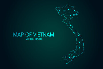 Map of Vietnam - With glowing point and lines scales on the dark gradient background, 3D mesh polygonal network connections.vector illustration eps10.