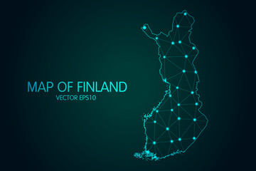 Map of Finland - With glowing point and lines scales on the dark gradient background, 3D mesh polygonal network connections.Vector illustration eps 10.
