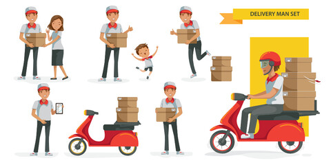 Delivery man set. Send the parcel. Order products online.