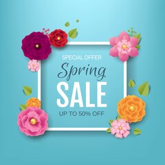 Spring Sale Poster With Flowers Background With Gradient Mesh, Vector Illustration