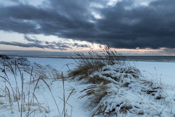 Winter evening by Baltic sea in Liepaja, Latvia.