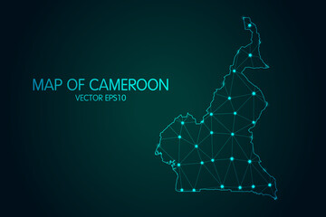 Map of Cameroon - With glowing point and lines scales on the dark gradient background, 3D mesh polygonal network connections.Vector illustration eps 10.