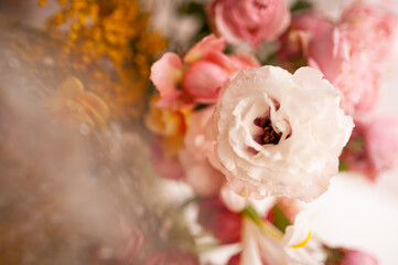 Bright spring flowers. The prism effect. Tulips, peony roses,  silver acacia, mimosa, daffodil, gypsophila. Selective focus. Bright background for your desktop.