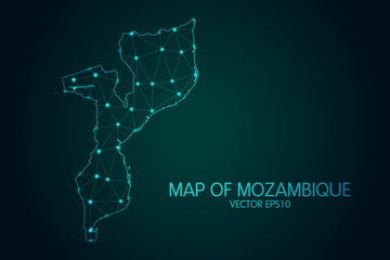 Map of Mozambique - With glowing point and lines scales on the dark gradient background, 3D mesh polygonal network connections.Vector illustration eps 10.