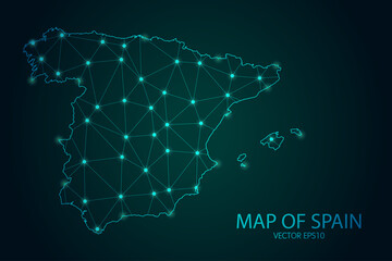 Map of Spain - With glowing point and lines scales on the dark gradient background, 3D mesh polygonal network connections.Vector illustration eps 10.